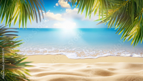 Summer background . Tropical golden beach with rays of sun light and leaf palm. Copy space, summer vacation concept. © Dorothy Art