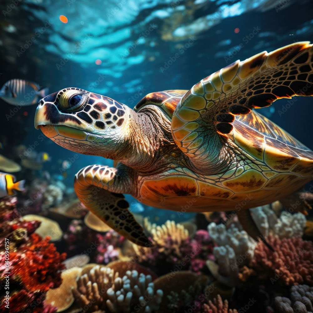 Fototapeta premium Turtle with group of colorful fish and sea animals with colorful coral underwater in ocean