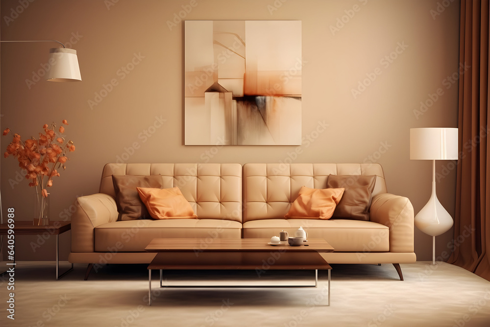Modern Living Room adorned with a Leather Sofa and Thoughtful Decor, Set Against a Warm Beige Background Modern Living Room adorned with a Leather Sofa and Thoughtful Decor, Set Against a Warm Beige Background