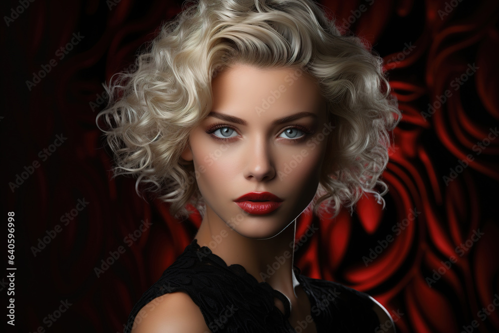 Makeup, fashion beauty portrait elegant aesthetic woman caucasian model blonde looking at camera on red swirling background