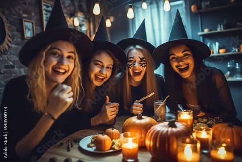 Group of Friends enjoying party celebrating in halloween witch costume