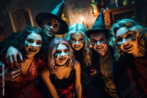 Group of Friends enjoying party celebrating in halloween witch costume