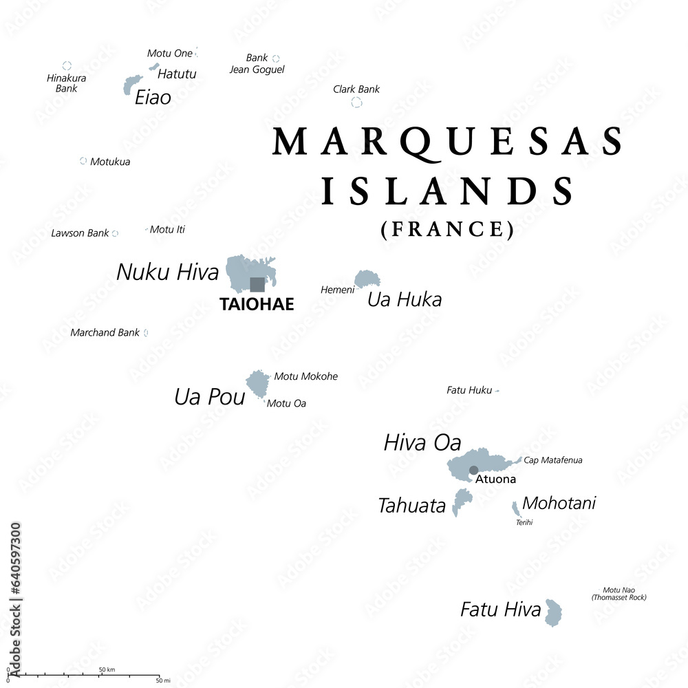 Marquesas Islands gray political map. Group of volcanic islands in French Polynesia. Overseas collectivity of France in the South Pacific Ocean with capital Taiohae on the island of Nuka Hiva. Vector.