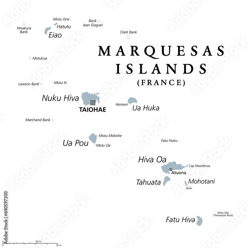 Marquesas Islands gray political map. Group of volcanic islands in French Polynesia. Overseas collectivity of France in the South Pacific Ocean with capital Taiohae on the island of Nuka Hiva. Vector.