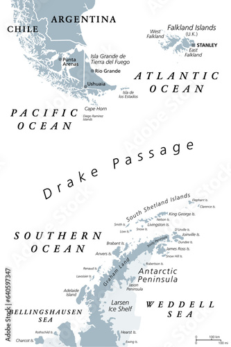 Drake Passage, Mar de Hoces, or Hoces Sea, gray political map. Body of water between Cape Horn and Antarctic Peninsula, connecting South Atlantic with South Pacific and extending into Southern Ocean.