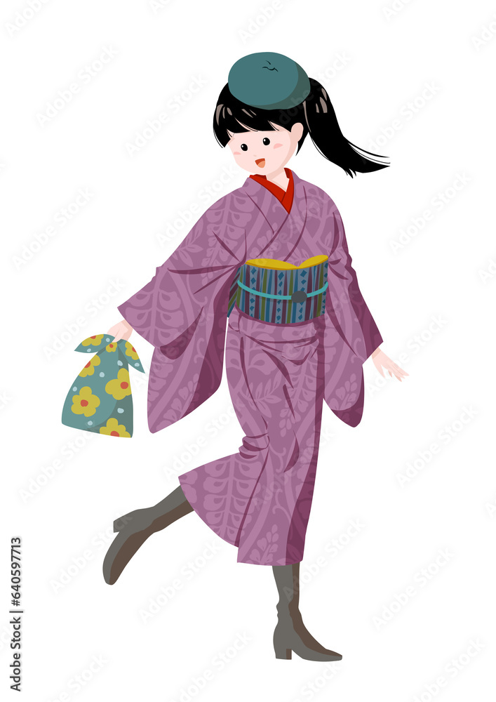 和洋折衷コーデの和服姿の女性・紫の着物・ベレー帽・ロングブーツ 和洋折衷コーデの和服姿の女性・紫の着物・ベレー帽・ロングブーツ