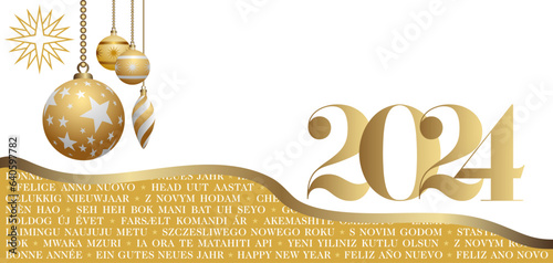 2024 - Carte de vœux multilingue pour souhaiter le nouvel an - or et blanche décorée de boules de Noël et d’un symbole étoile - traduction : bonne année.
