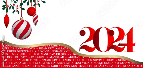 2024 - Carte de vœux multilingue pour souhaiter le nouvel an - rouge et blanche, décorée de gui et de boules de Noël - traduction : bonne année.