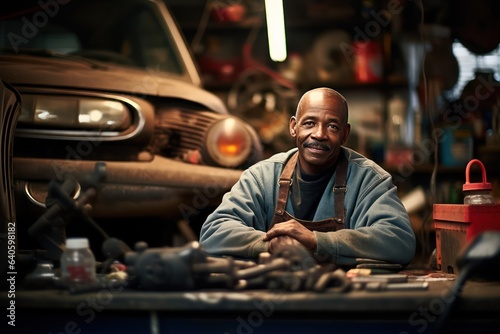 Man repairing a car in auto repair shop. Middle aged African American man in his workshop.