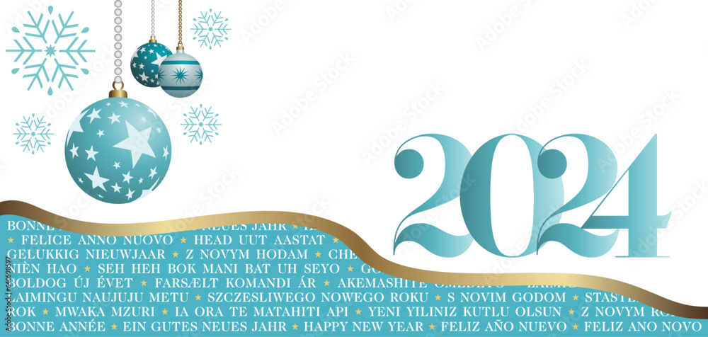 2024 - Carte de vœux multilingue pour souhaiter le nouvel an - turquoise et blanche, décorée de flocon de neige et de boules de Noël - traduction : bonne année.