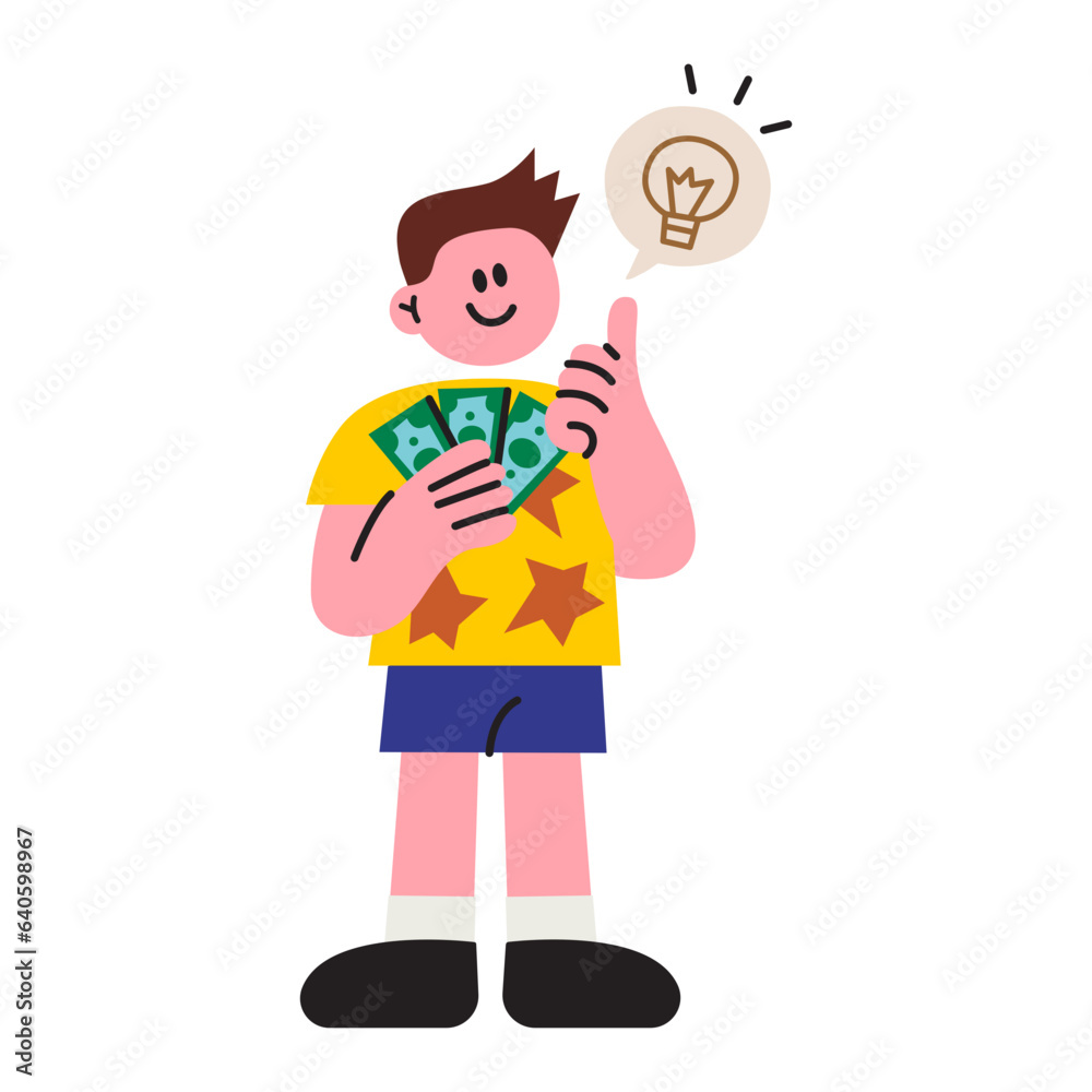 Boy holding cash and thinking flat illustration Boy holding cash and thinking flat illustration