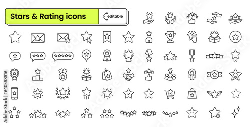 Set of editable icons: Stars & Rating (star ratings, quality, 5 stars, reviews, feedback, ranking, product icon, shop icon) (ID: 640598916)