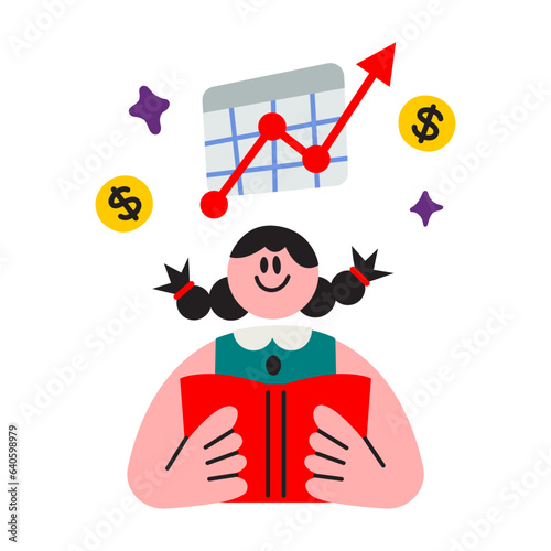 Girl learning with money chart flat illustration