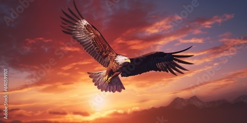 An eagle flying in the sky at sunset