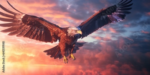 An eagle flying in the sky at sunset