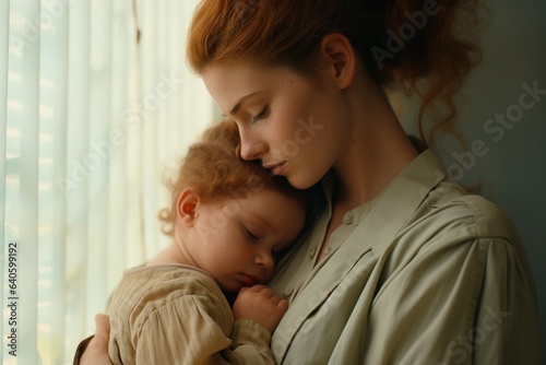 Caregiver gently cradling an infant with exaggerated tenderness, captured in a uniformly staged setting that evokes a sense of warmth and protection. Generative Ai