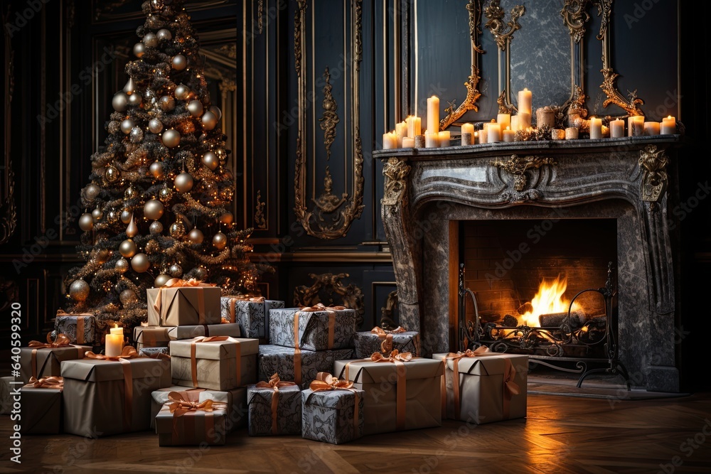 Luxury living room interior with christmas tree and fireplace. 3D rendering. Luxury living room interior with christmas tree and fireplace. 3D rendering.