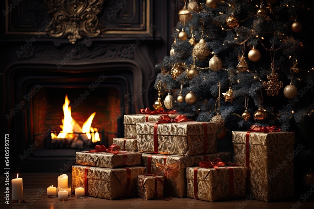 Luxury living room interior with christmas tree and fireplace. 3D rendering. Luxury living room interior with christmas tree and fireplace. 3D rendering.