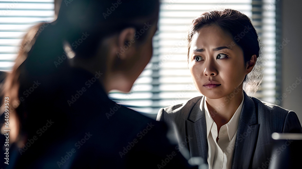 Frustrated Asian woman talking to a woman in a suit. The concept of dismissal, downsizing, deportation, bad news. Frustrated Asian woman talking to a woman in a suit. The concept of dismissal, downsizing, deportation, bad news.