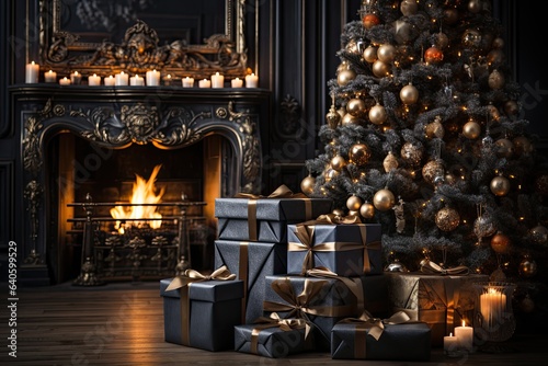 Luxury living room interior with christmas tree and fireplace. 3D rendering. 