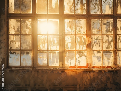 Old window with hoarfrost in yellow backligth. photo