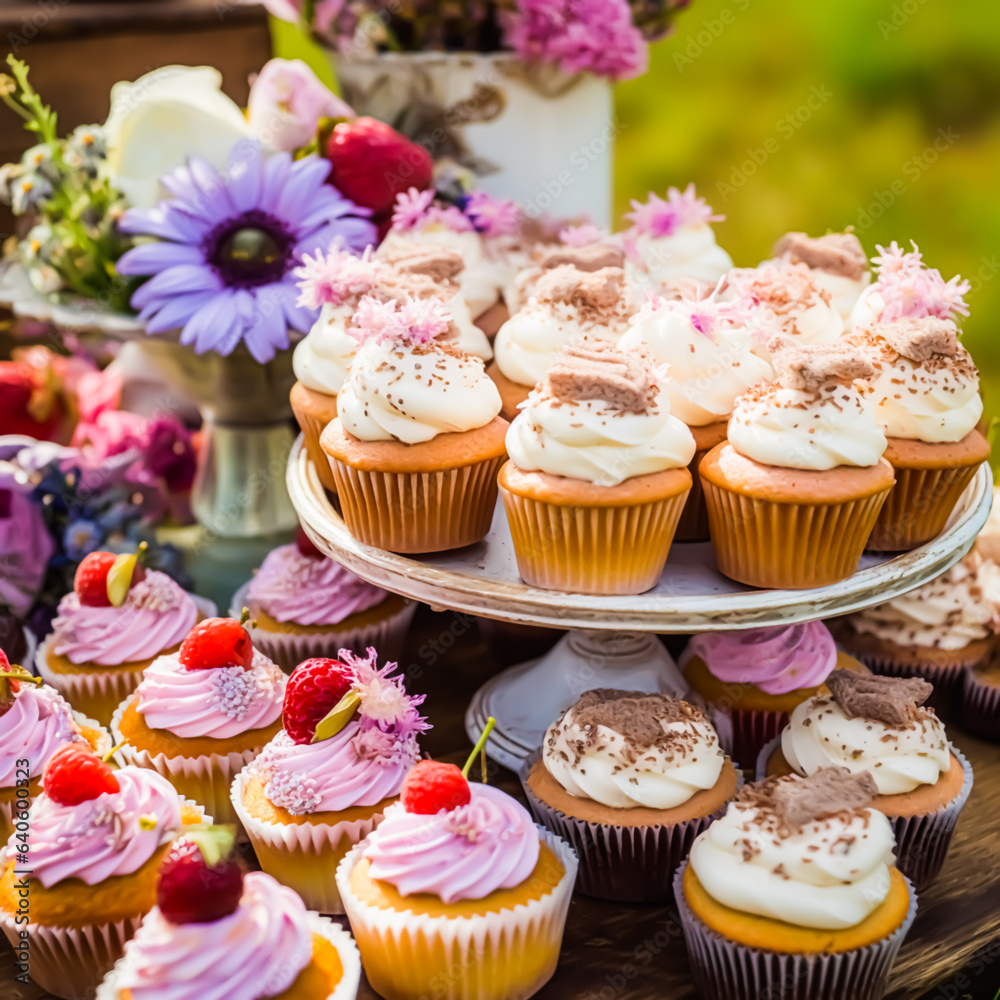 Cupcakes, cakes, scones and muffins and holiday decoration outdoors at the English country style garden, sweet desserts for wedding, birthday or party celebration, generative ai Cupcakes, cakes, scones and muffins and holiday decoration outdoors at the English country style garden, sweet desserts for wedding, birthday or party celebration, generative ai