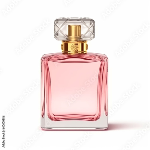 Womens pink perfume bottle isolated on white background, elegant fragrance and luxury floral scent, generative ai