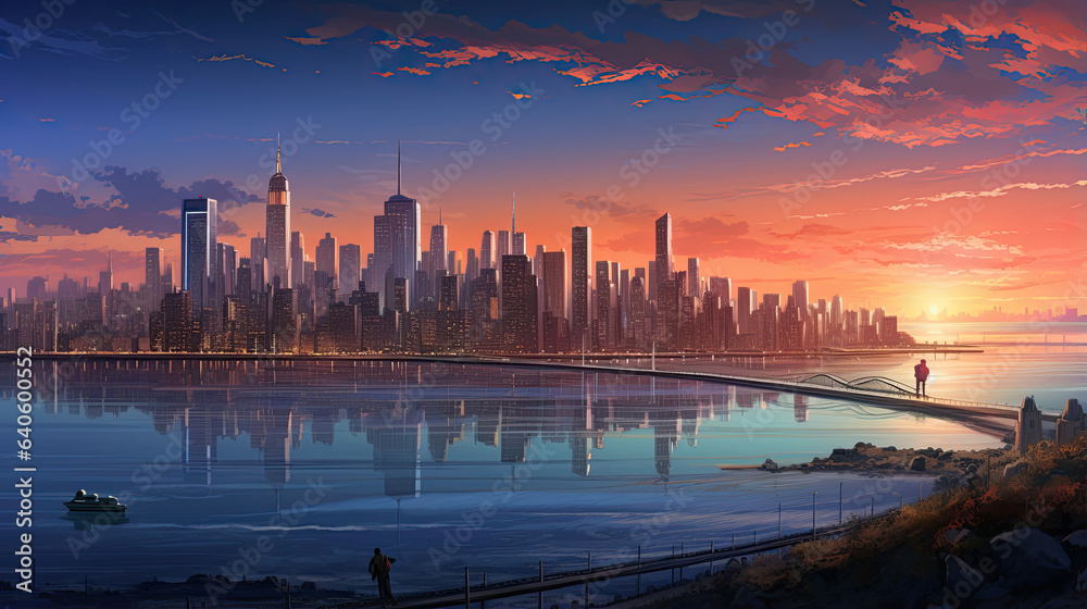 Astonishingly detailed view of a city skyline at dawn
