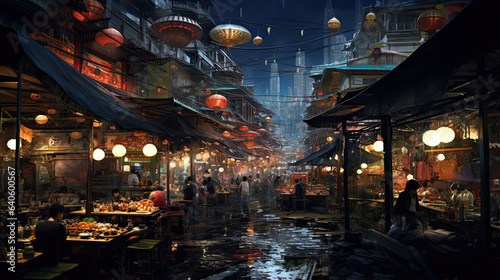 Hyperreal view of a bustling Asian night market © javier