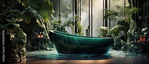 Emerald and jade hues, creating ripples and waves, evoking the allure of exotic tropical jungles after a rainshower