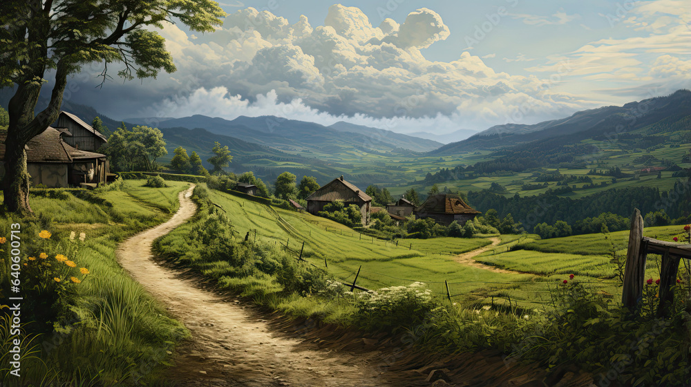 Obraz premium Hyperreal view of a serene countryside landscape
