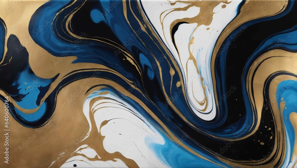 Abstract gold blue black and white color swirls. Acrylic paint texture background.