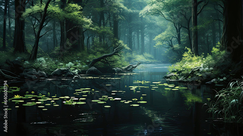 Lifelike representation of a serene forest pond scene