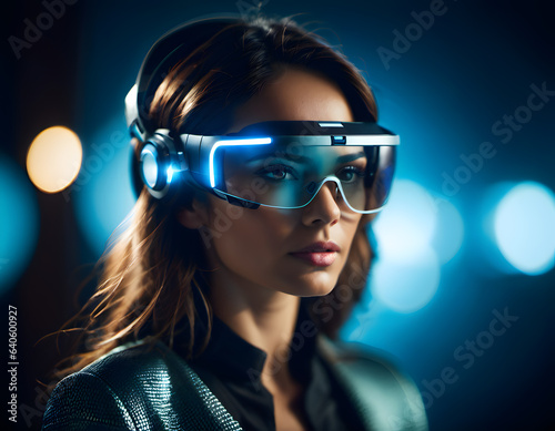 Woman with smart glasses futuristic technology, futuristic technology digital remix. generative AI