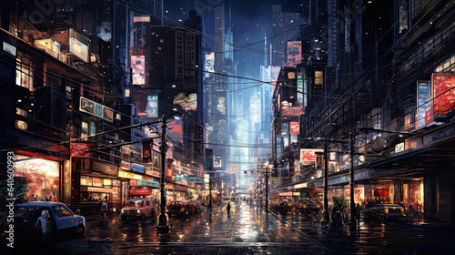 Hyperreal depiction of a bustling nighttime cityscape