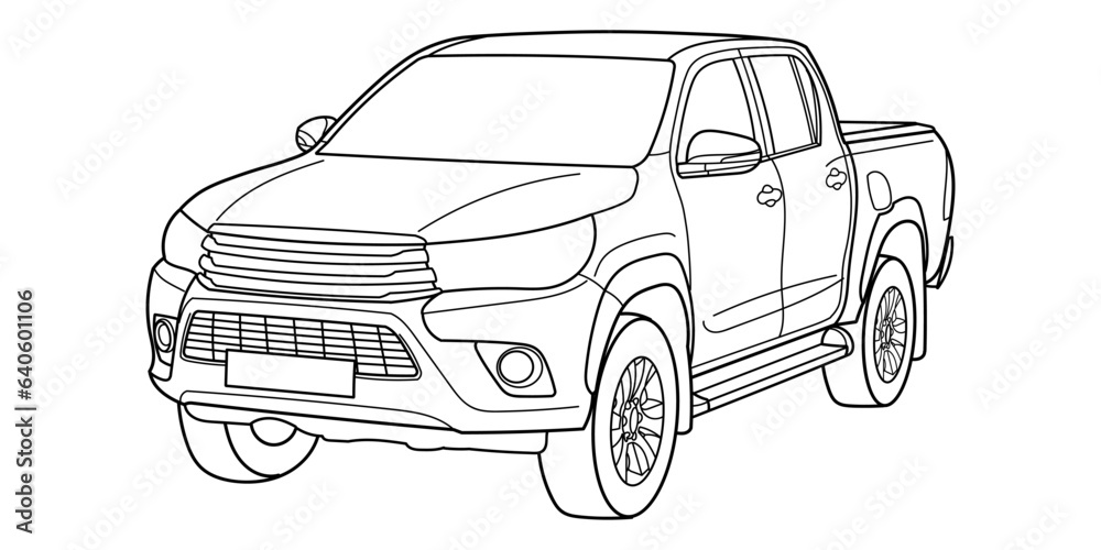 Pick-up truck front and side view. Modern style. Vector outline doodle illustration	
