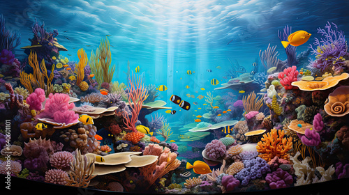 Hyperrealistic depiction of a vibrant underwater coral reef