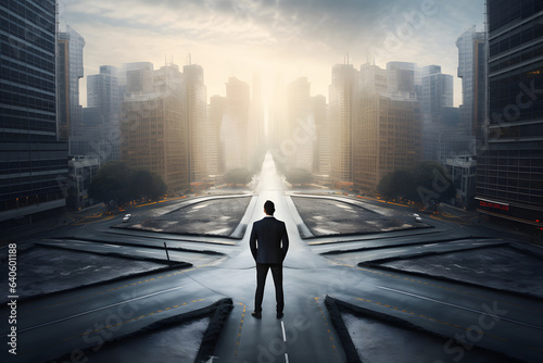 Businessman standing at a crossroads, concept of choice and decision making