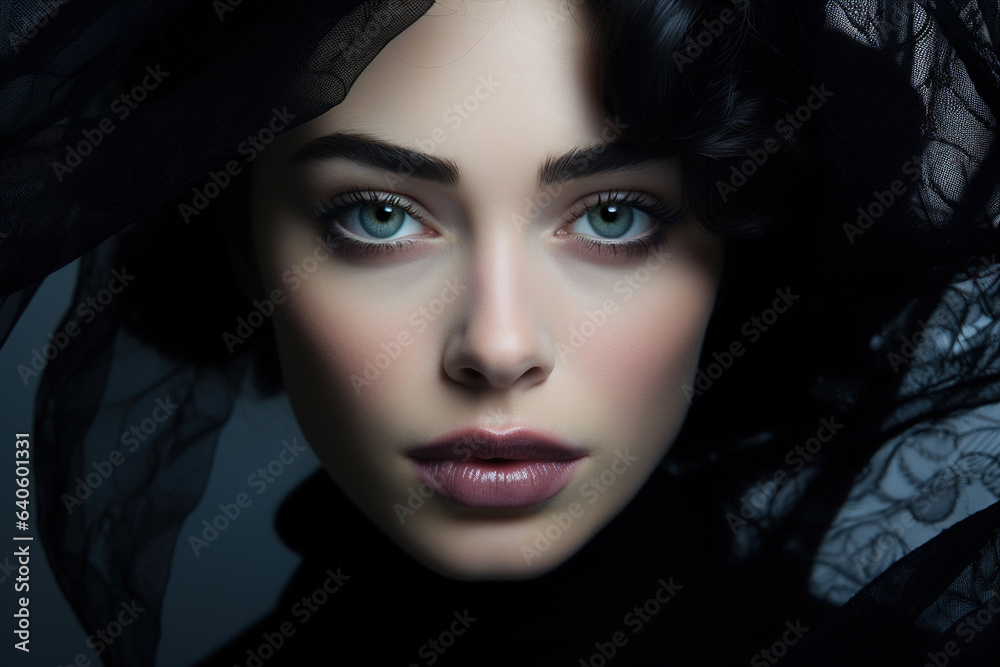 Portrait of tender sensual young brunette woman with short haircut in black veil looking at camera Portrait of tender sensual young brunette woman with short haircut in black veil looking at camera