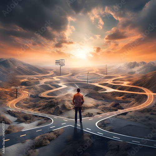 Abstract illustration man standing at a crossroads, concept of choice and decision making photo