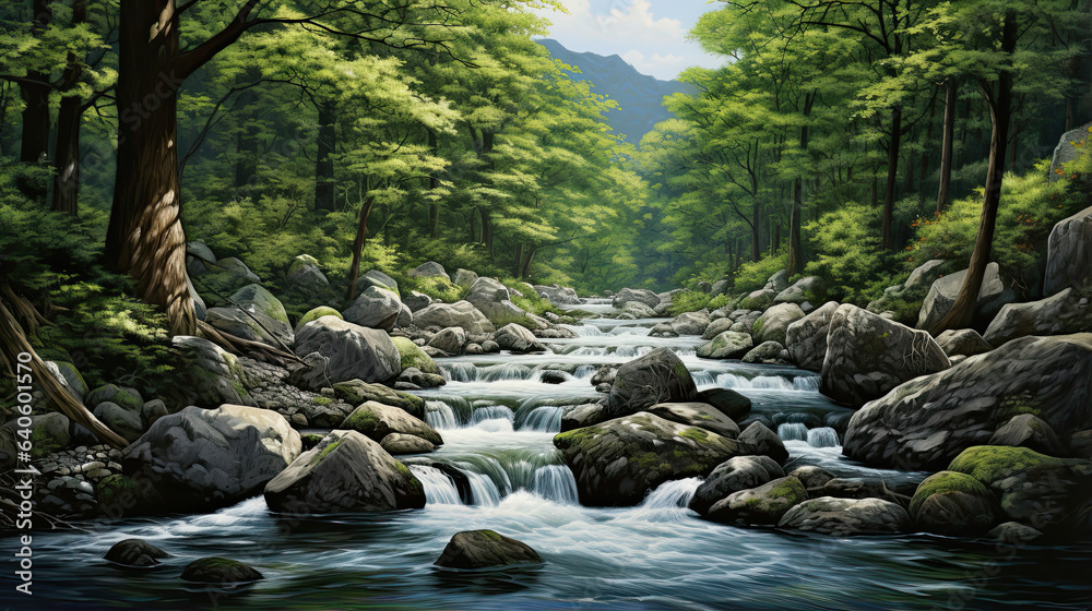 Lifelike representation of a serene mountain stream