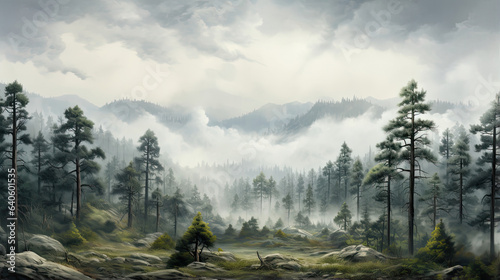 Hyperrealistic portrayal of a misty pine forest