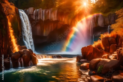 waterfall and rinbow in the cave photo