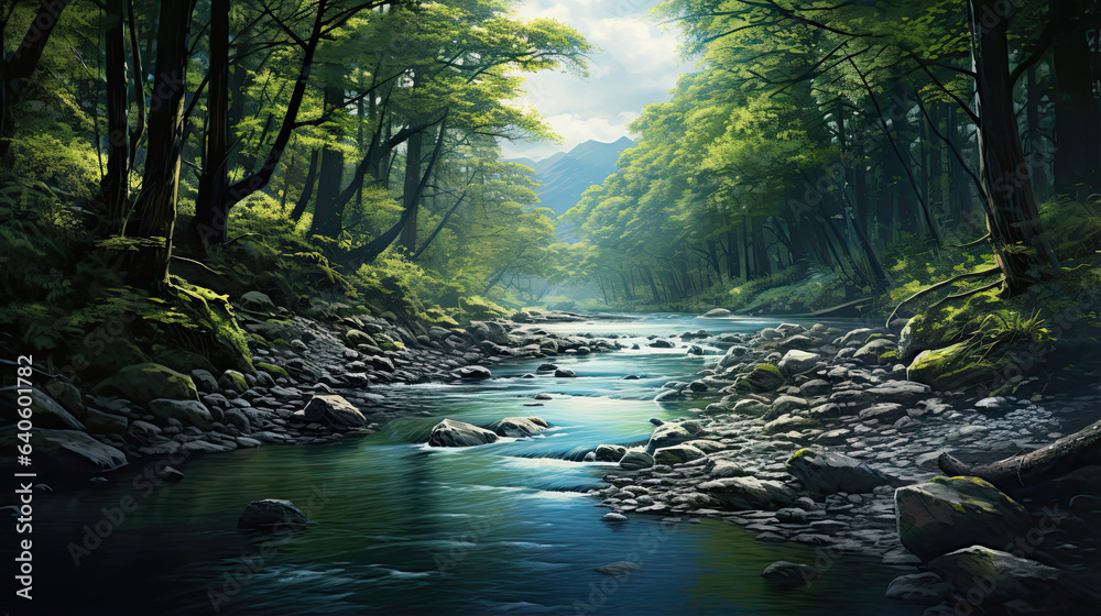 Hyperreal view of a tranquil river winding through a forest