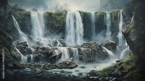 Hyperreal view of a cascading series of waterfalls