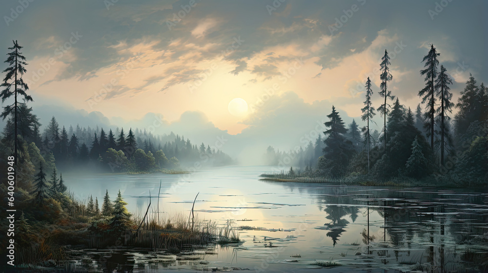 Hyperrealistic view of a misty morning on a lake