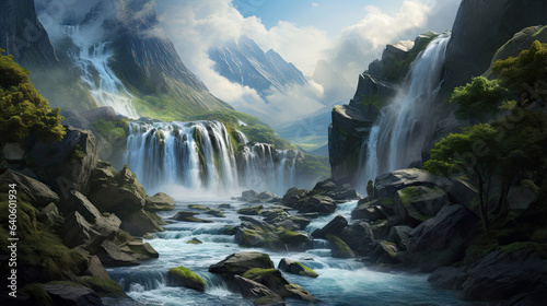 Impeccable rendering of a cascading mountain waterfall