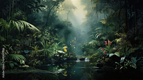 Hyperreal depiction of a dense tropical jungle