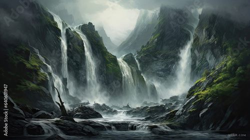 Impeccable rendering of a cascading mountain waterfall