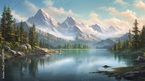 Lifelike representation of a serene mountain lake © javier